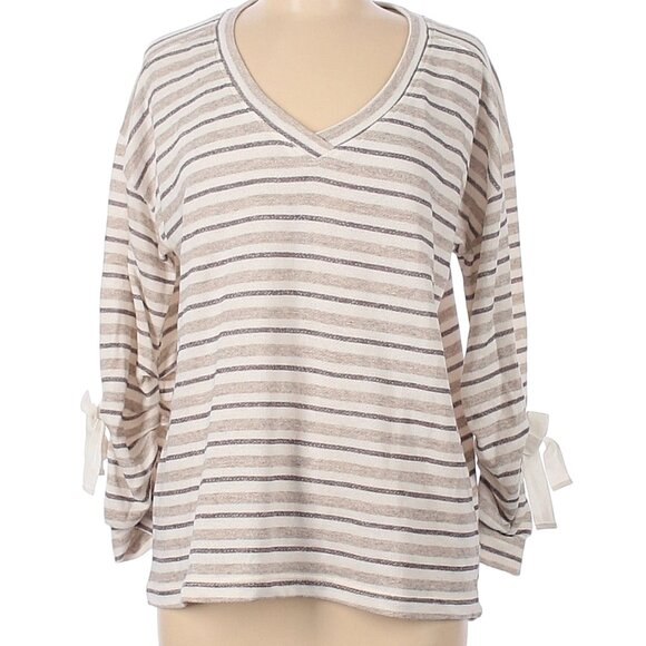 Democracy Ivory and Tan Striped 3/4 Sleeve Vneckline Pullover Size Medium - Picture 1 of 8